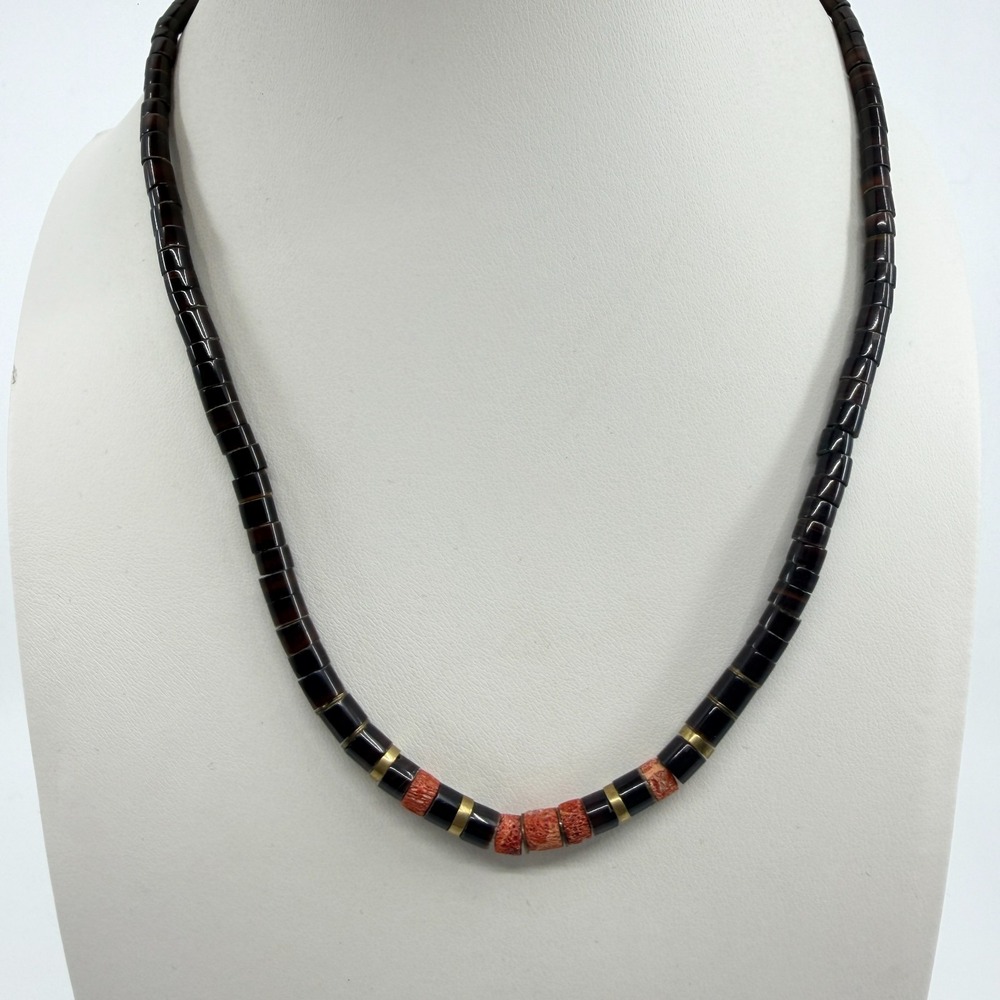 Boho Ethnic Statement Beaded Necklace Dark Brown and Red Accent Layering Piece